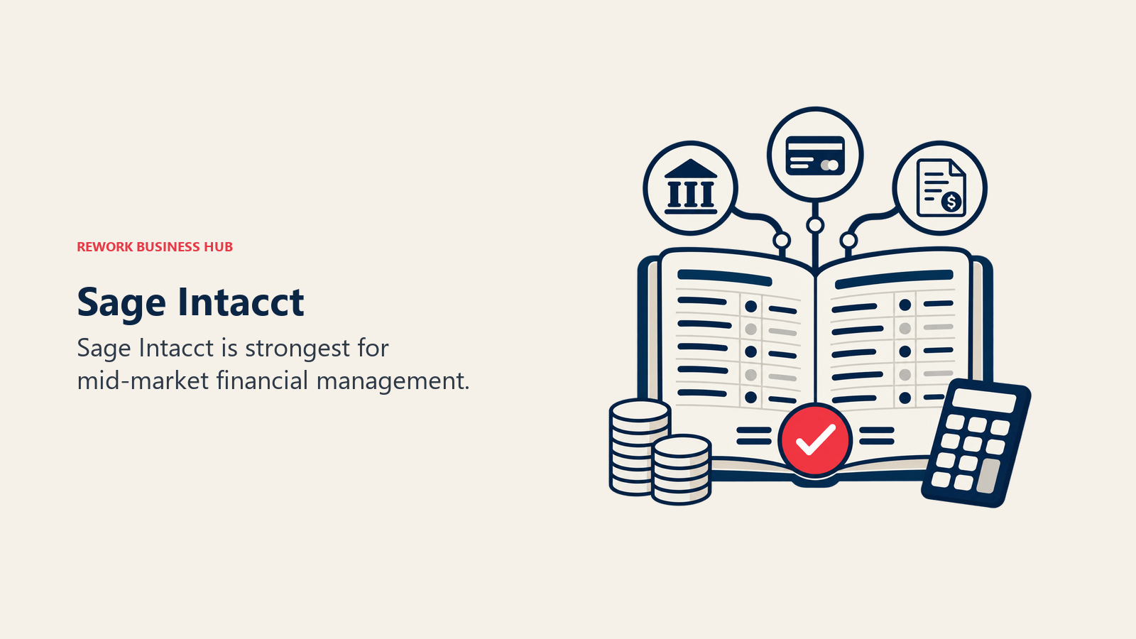 Sage Intacct illustrated by accounting ledger with bank feed tokens and one balanced reconciliation marker.