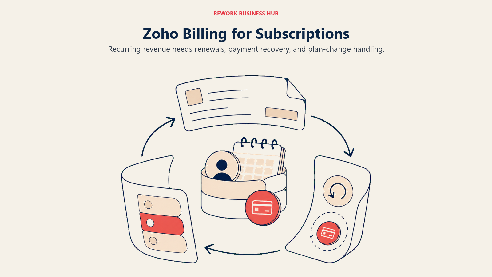 Subscription invoices, payment recovery, and plan changes form a renewal cycle