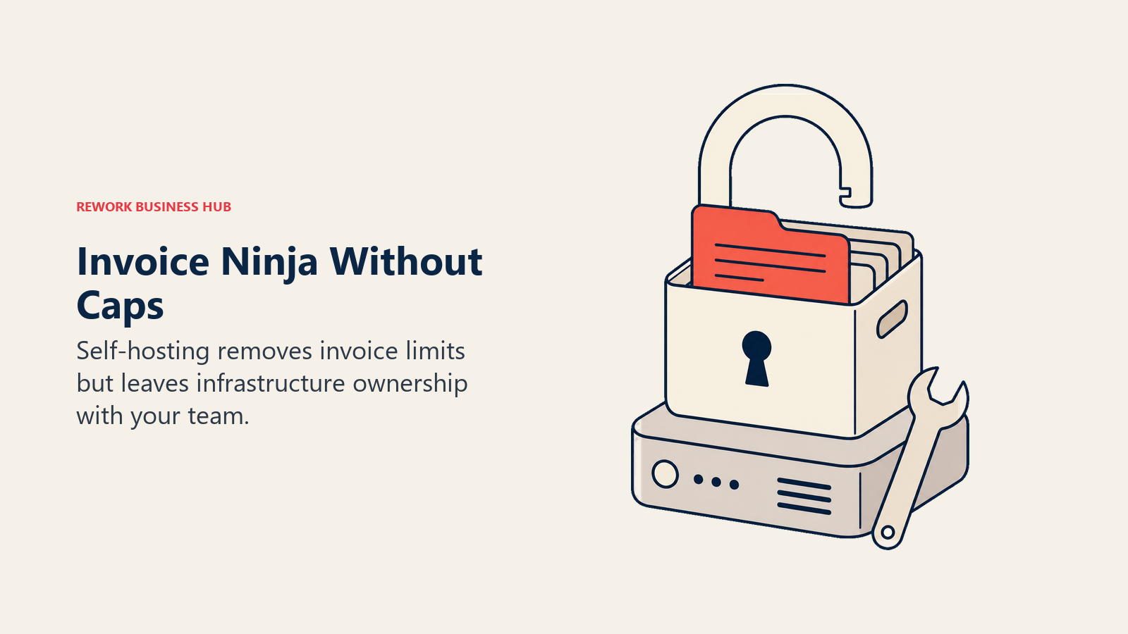 An unlocked invoice archive sits above a server with a maintenance tool
