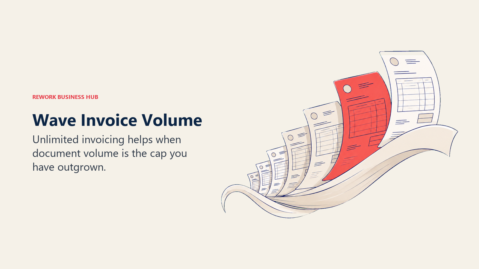 An expanding fan of invoice pages follows an open paper wave