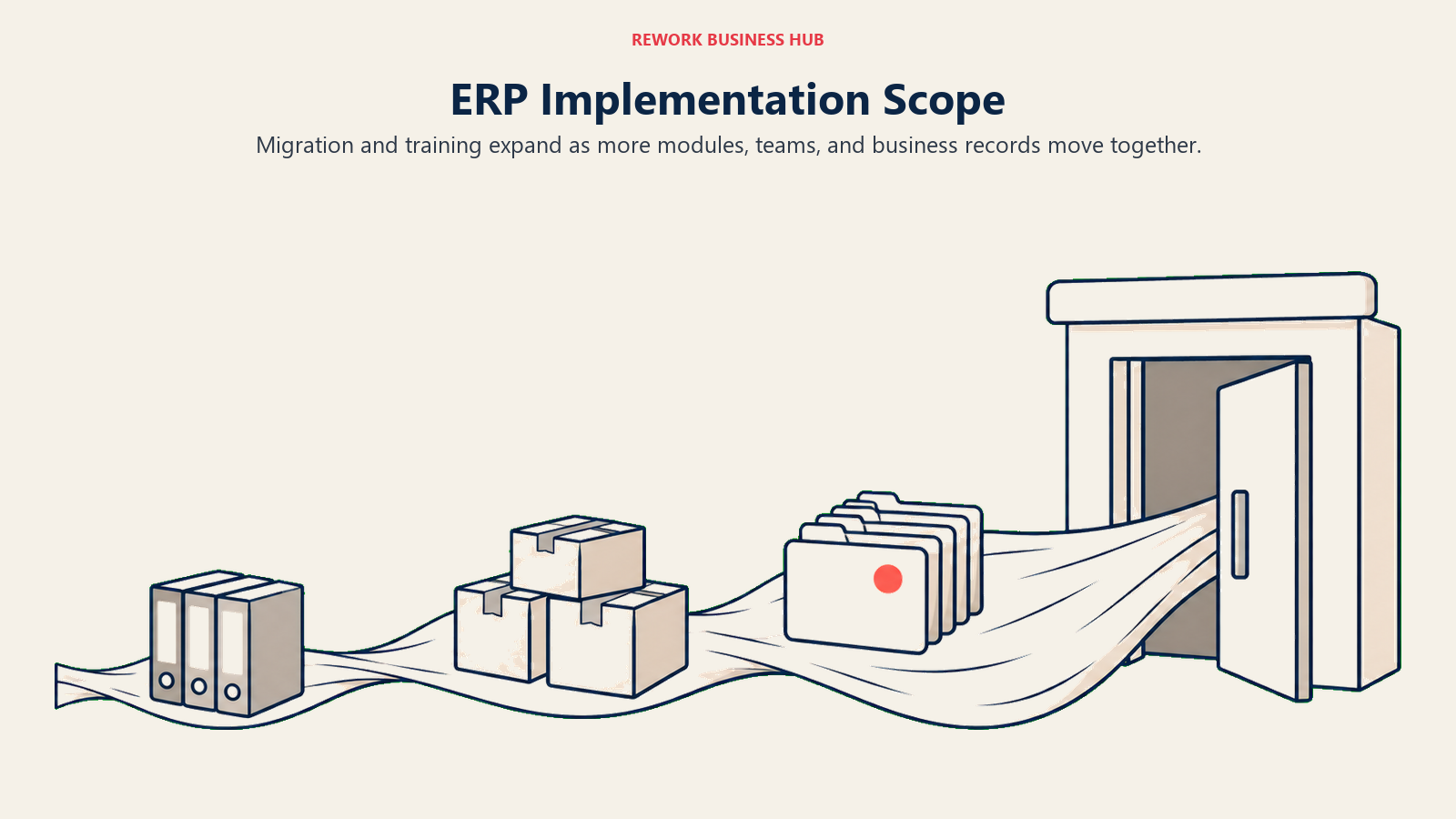 A widening bridge carries finance, inventory, and customer records into an ERP