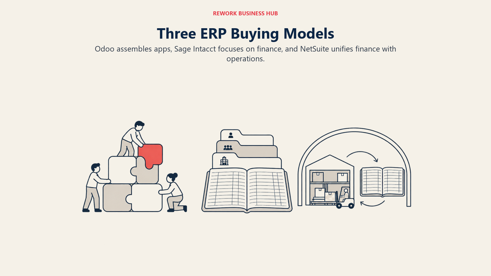 Modular ERP blocks, a finance ledger, and integrated operations represent three buying models