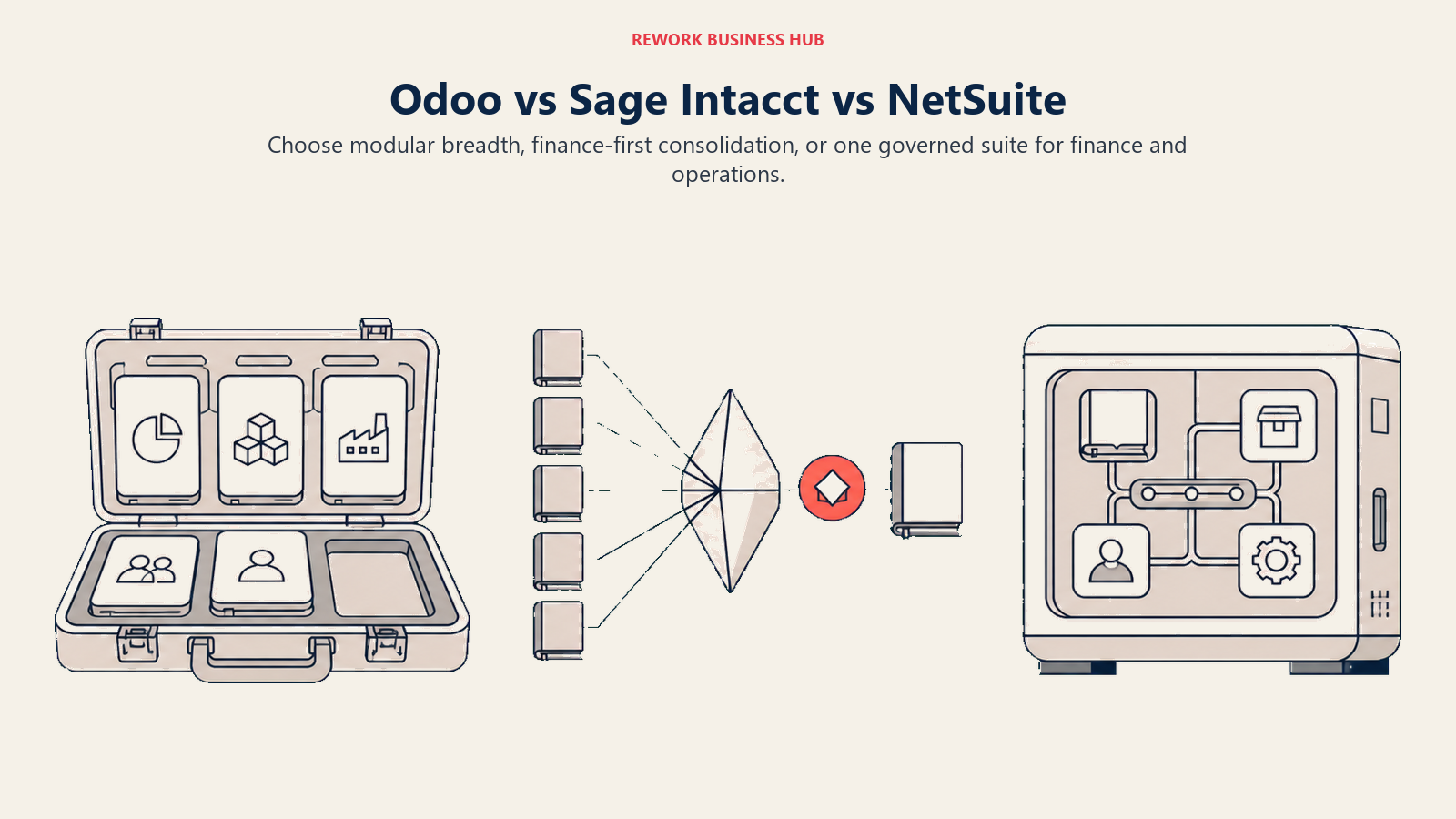 Odoo, Sage Intacct, and NetSuite shown as a modular business kit, a finance consolidation prism, and a full operating system