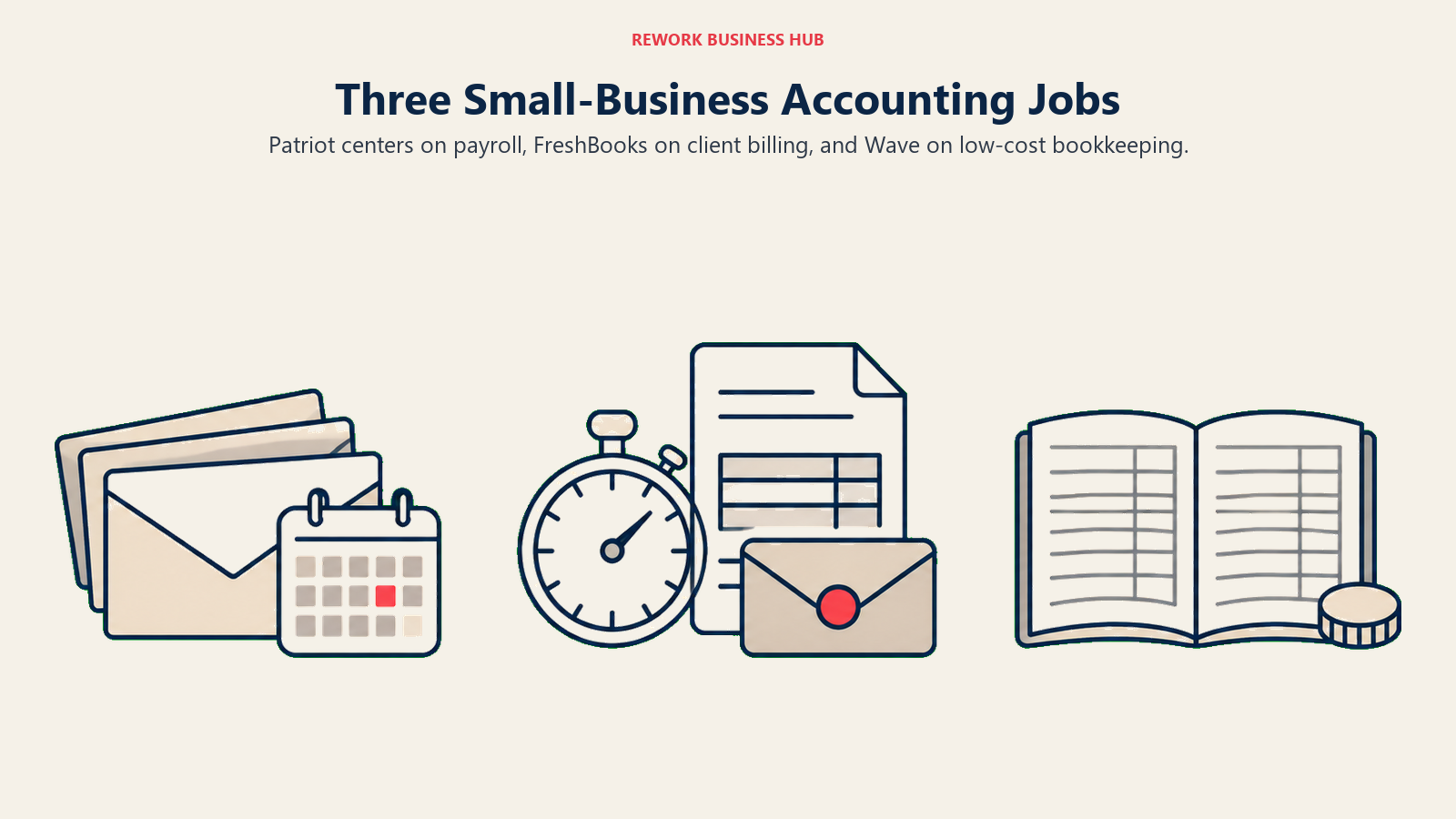 Payroll envelopes, timed invoices, and a ledger represent three small-business accounting jobs