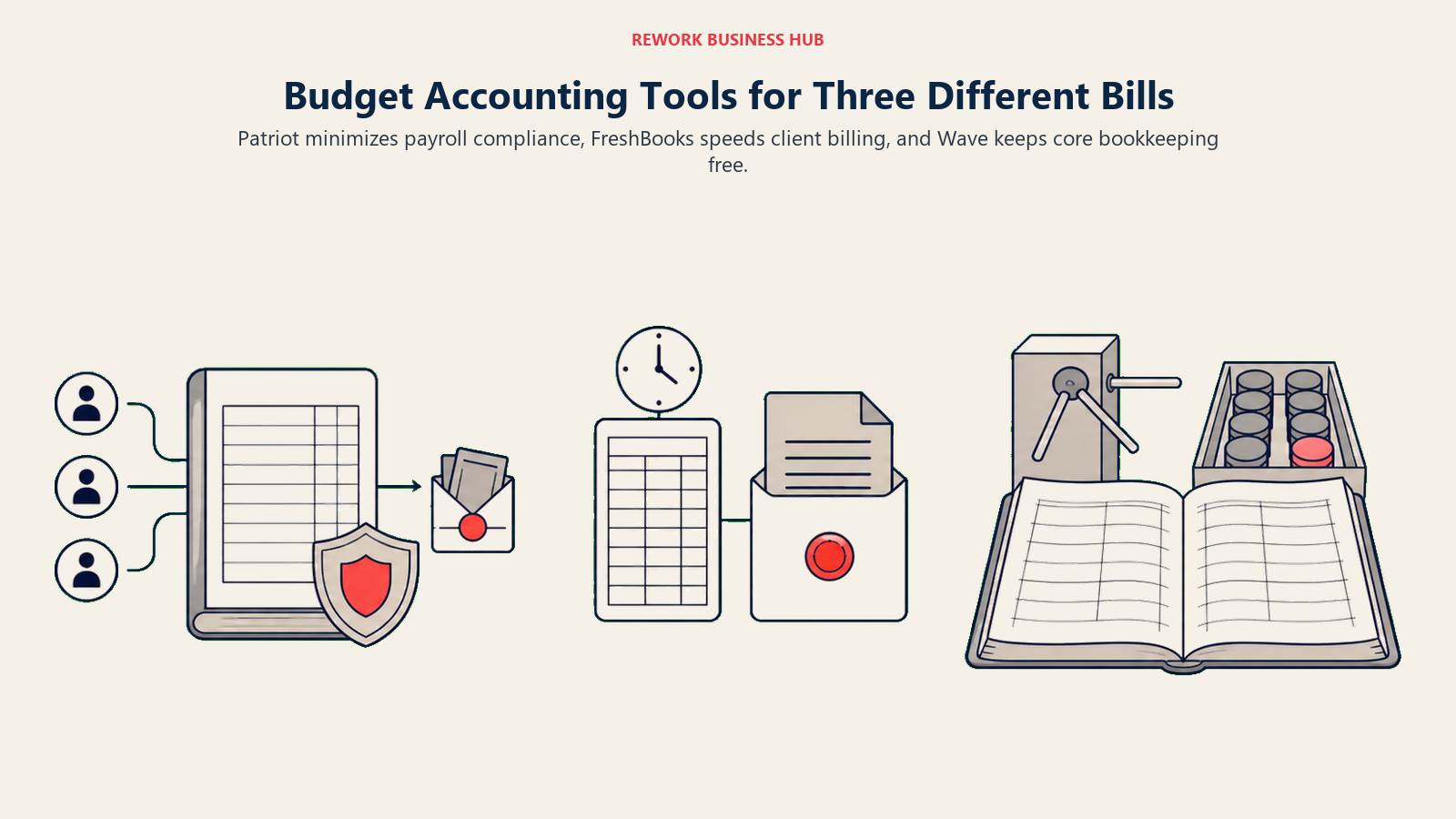 Patriot Software, FreshBooks, and Wave shown as a payroll compliance ledger, a time-to-invoice lane, and a free bookkeeping ledger with a payment gate
