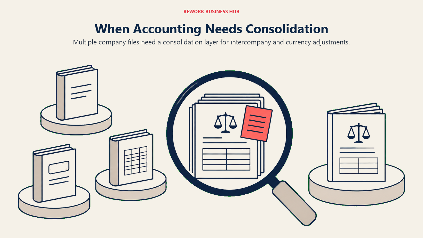 Separate company ledgers feed a consolidation review