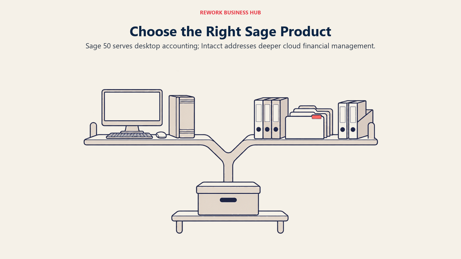 Desktop accounting, entity folders, and an archive box distinguish Sage product categories