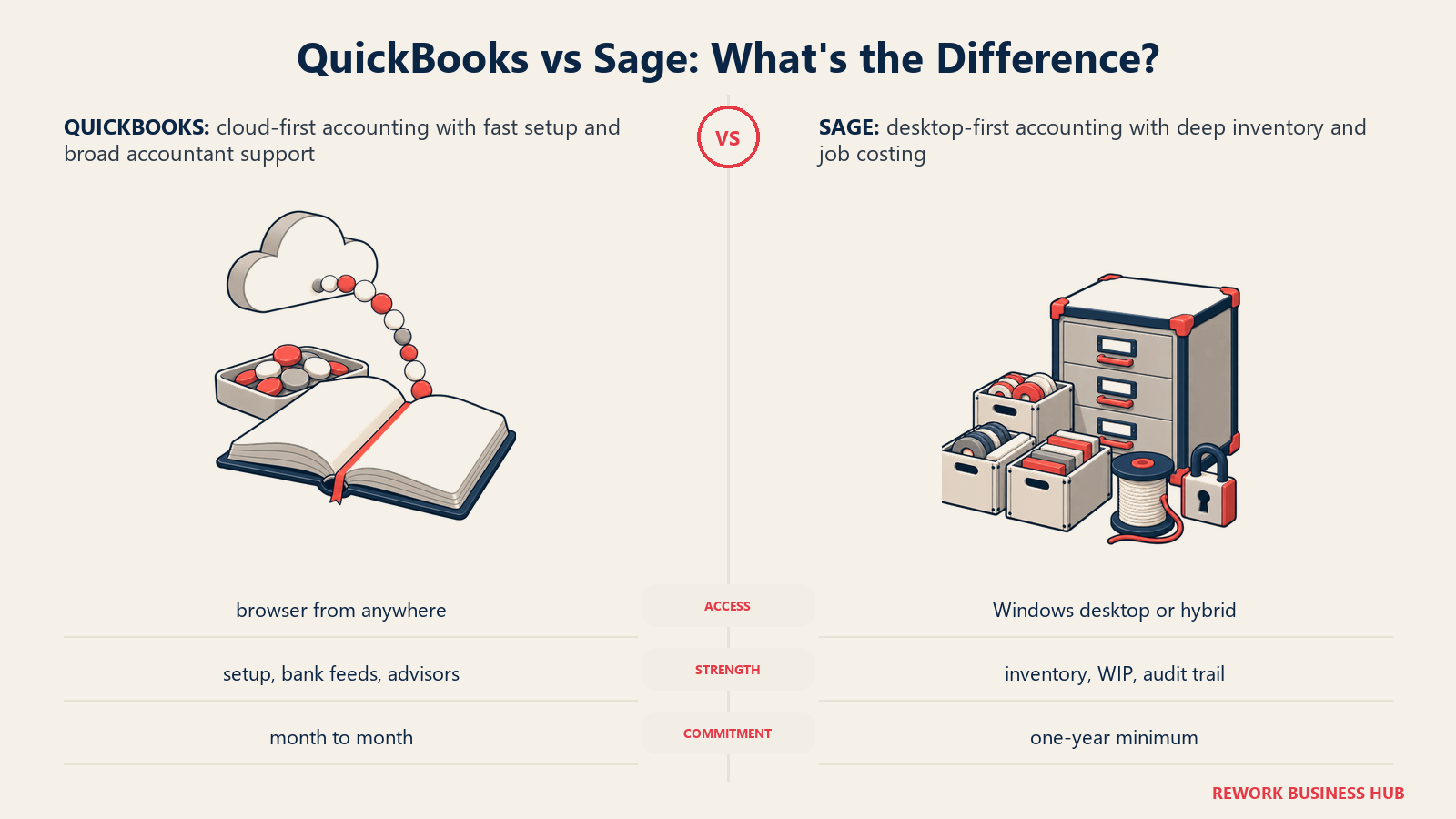 QuickBooks versus Sage accounting comparison showing a cloud ledger beside a desktop inventory and job-costing workbench