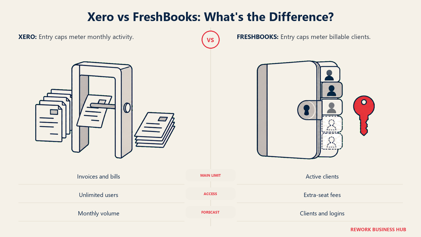 Invoice gates and client slots compare Xero and FreshBooks plan limits