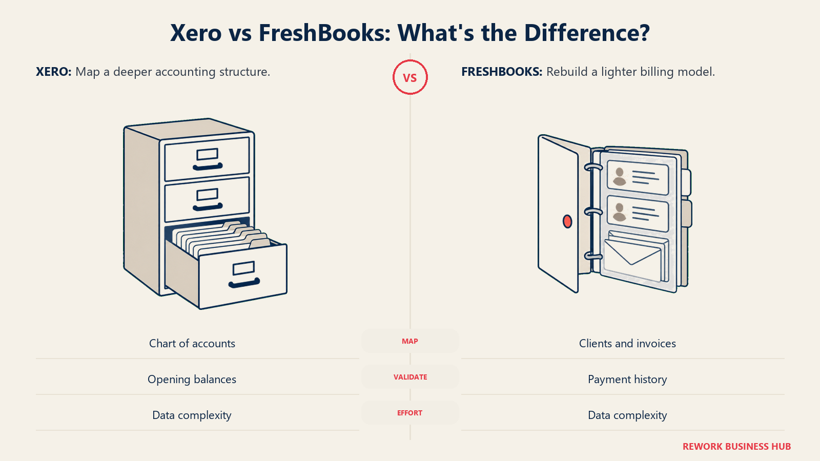 A ledger archive and client binder compare accounting migration scope