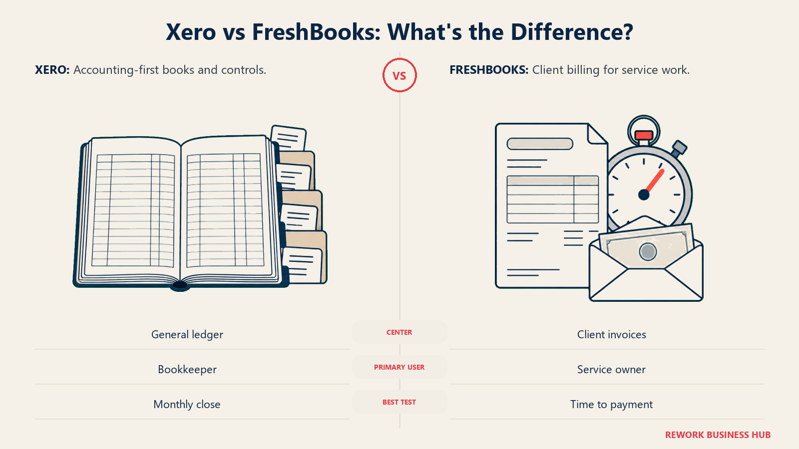 An accounting ledger and timed invoice compare Xero and FreshBooks priorities