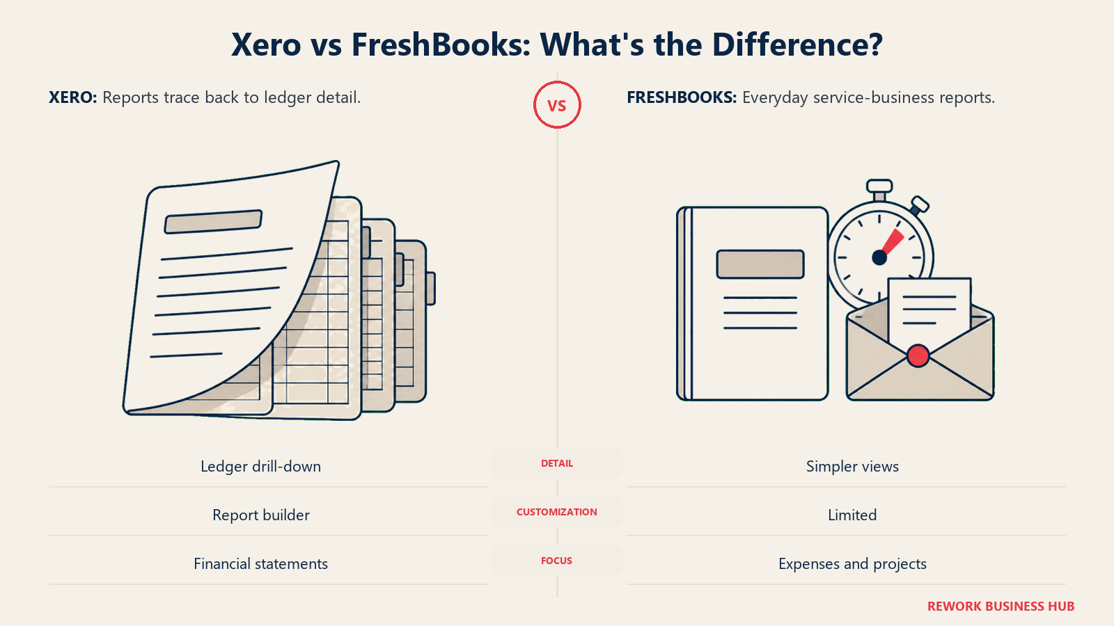 Layered financial reports and a service booklet compare reporting needs