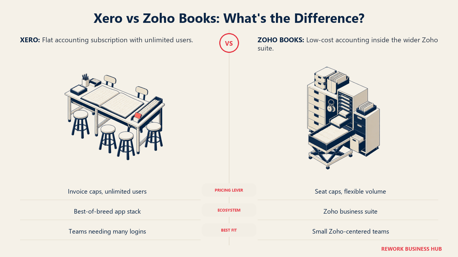 Xero versus Zoho Books shown as an unlimited-user accounting bench and a seat-metered suite accounting cabinet