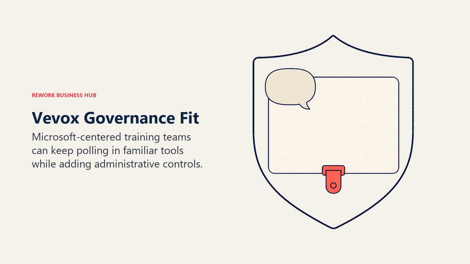 Vevox Governance Fit: a shield enclosing a presentation window with a secure latch