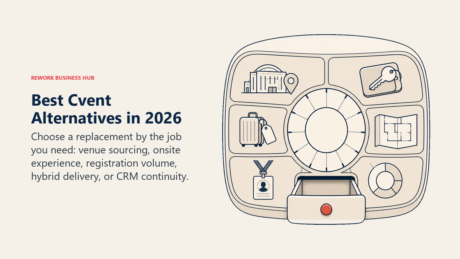 Best Cvent alternatives shown as a modular event-program cabinet holding venue, room-block, travel, floor-plan, registration, and reporting tools