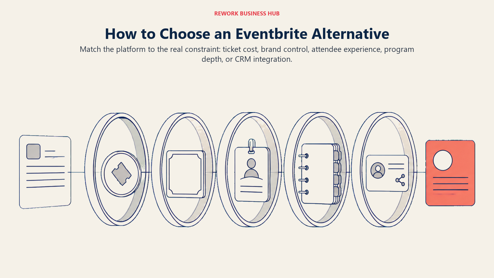 Event brief moving through selection lenses for ticket cost, branding, attendee experience, program depth, and CRM fit