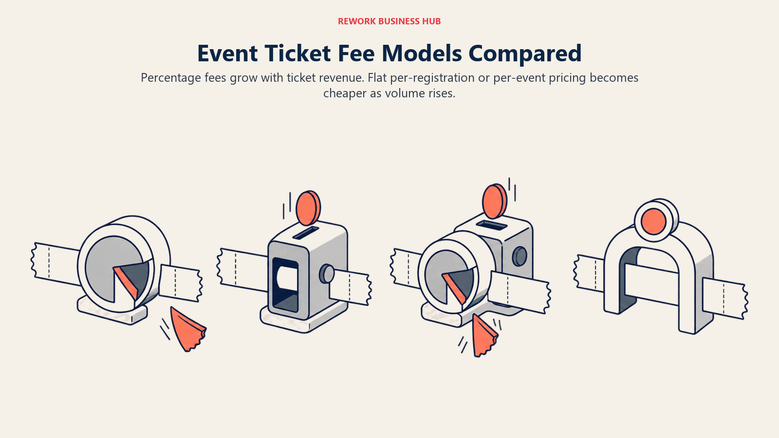 Four event ticket strips passing through percentage, flat, combined, and annual fee mechanisms