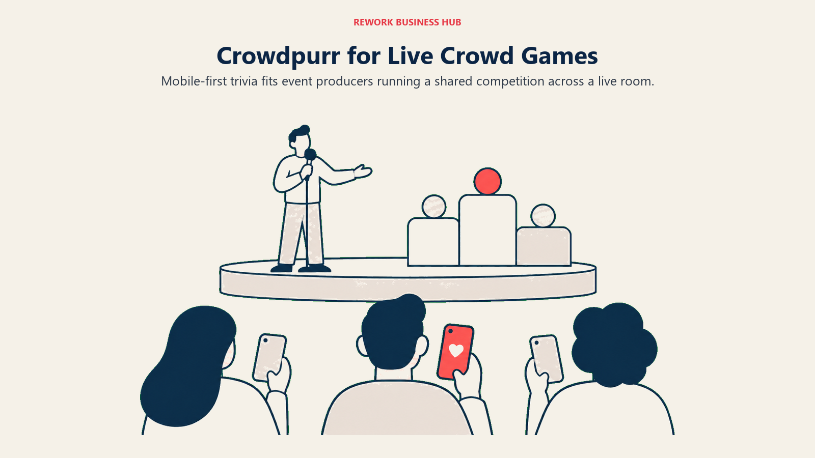 Phones facing a live stage for a shared trivia experience