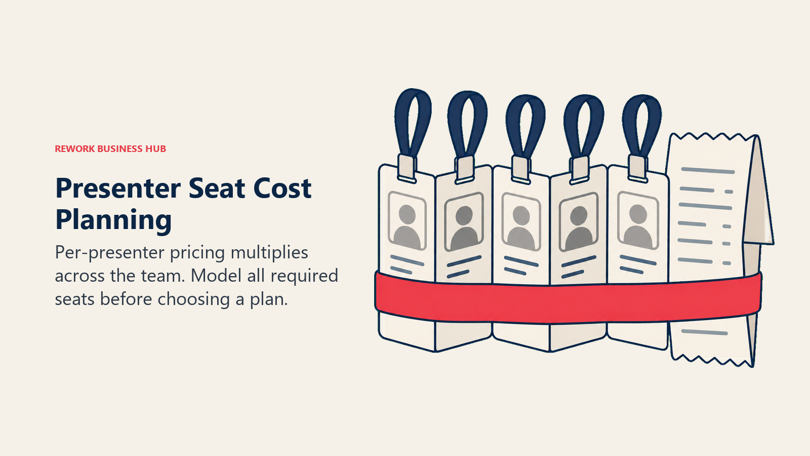 Five presenter badges grouped with a purchase receipt to show team seat costs