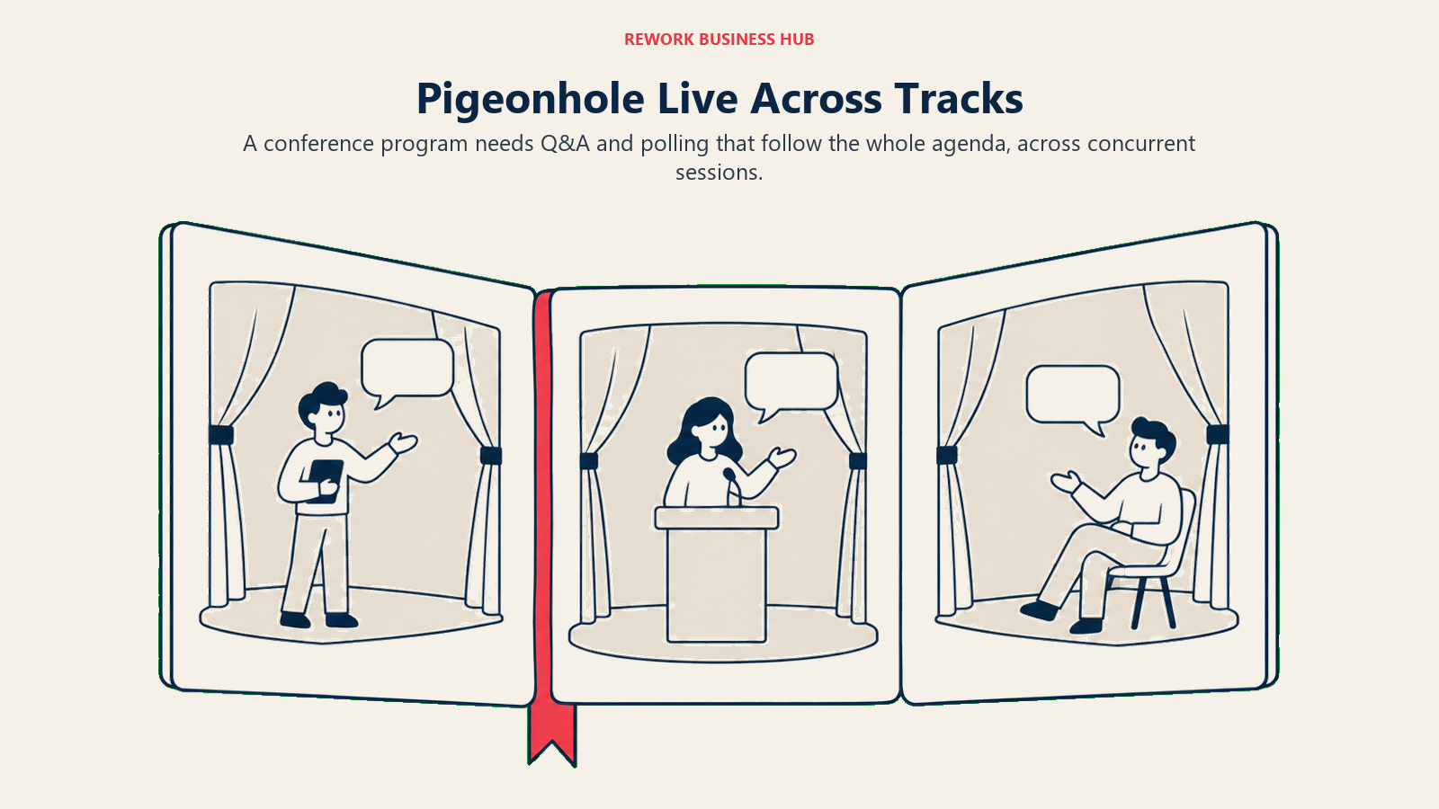 An event folio opening into several coordinated conference tracks