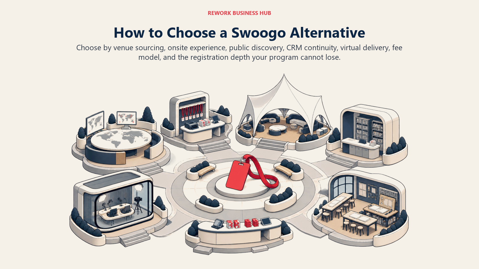 Swoogo alternative decision framework matching event programs to venue sourcing, onsite hardware, discovery, CRM, virtual delivery, fees, and registration depth