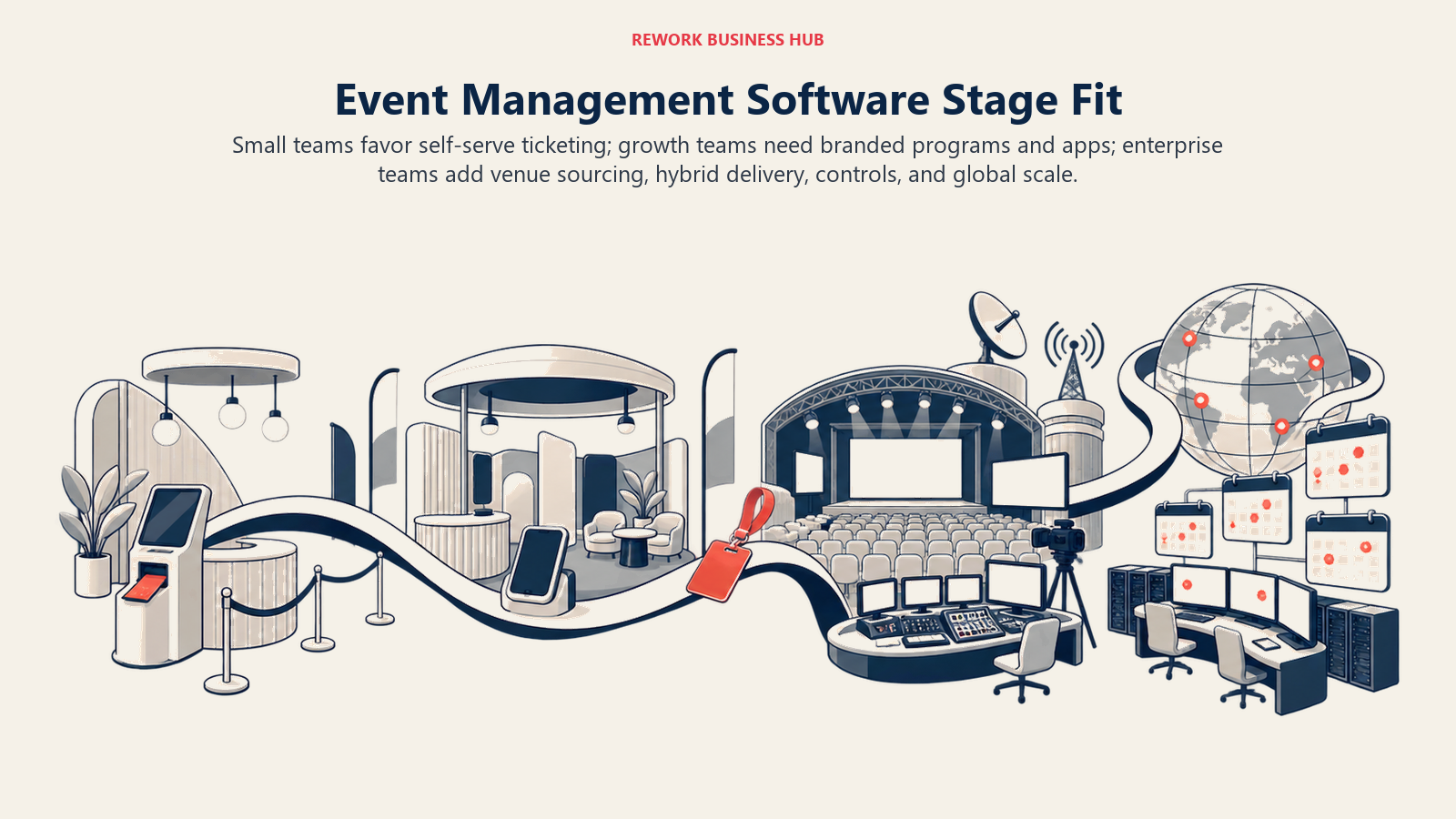 Event management software stage fit from self-serve ticketing to branded programs, hybrid delivery, venue sourcing, and global governance