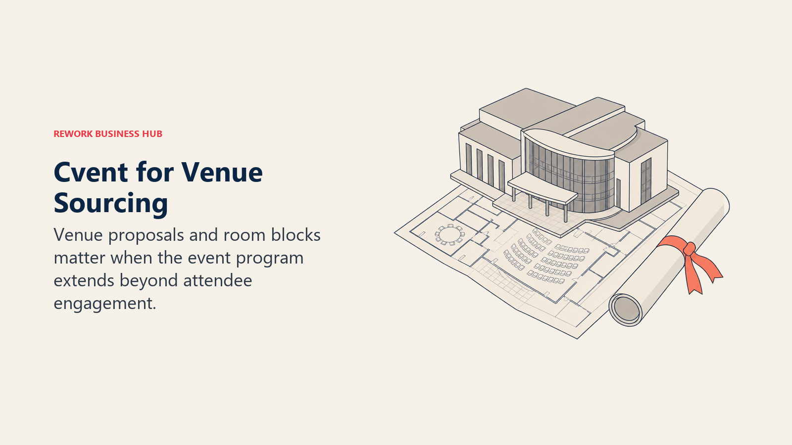 Cvent for Venue Sourcing illustrated by venue model over folded plan