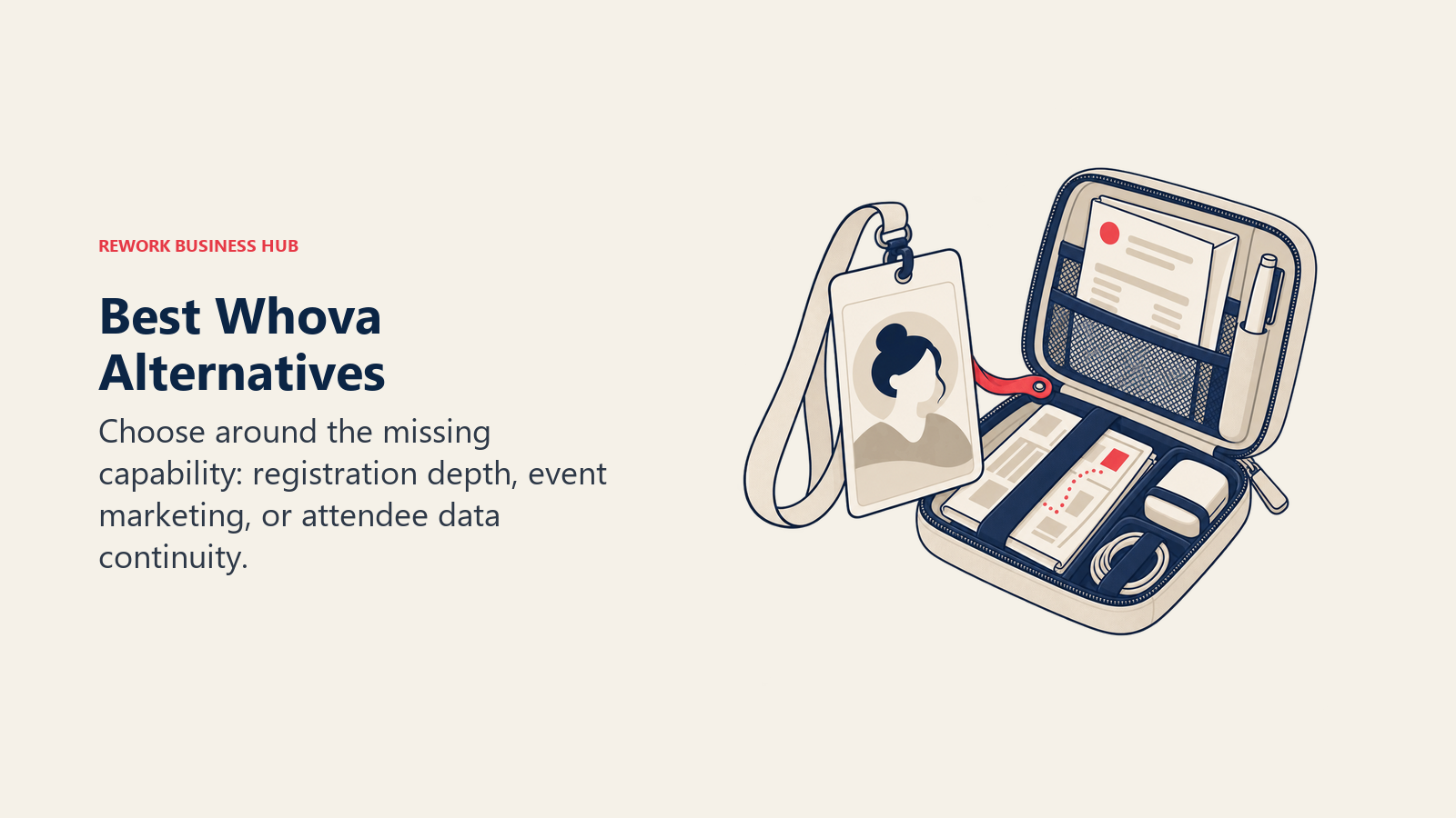 Whova alternatives represented by an attendee badge beside a toolkit for broader event operations