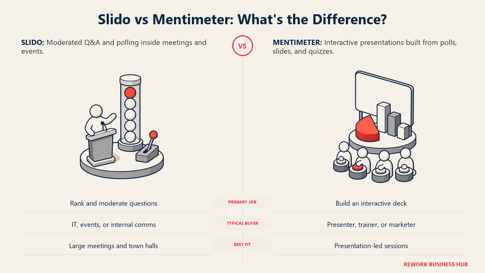 Slido versus Mentimeter shown as a moderated ranked question queue compared with an interactive presentation canvas