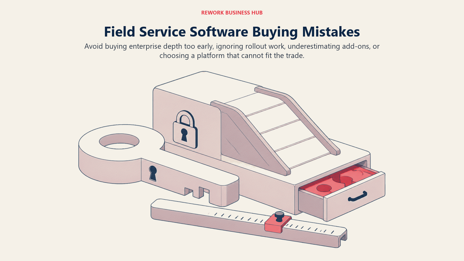 Field service software buying mistakes shown as enterprise overbuy, rollout drag, hidden add-ons, and poor trade fit