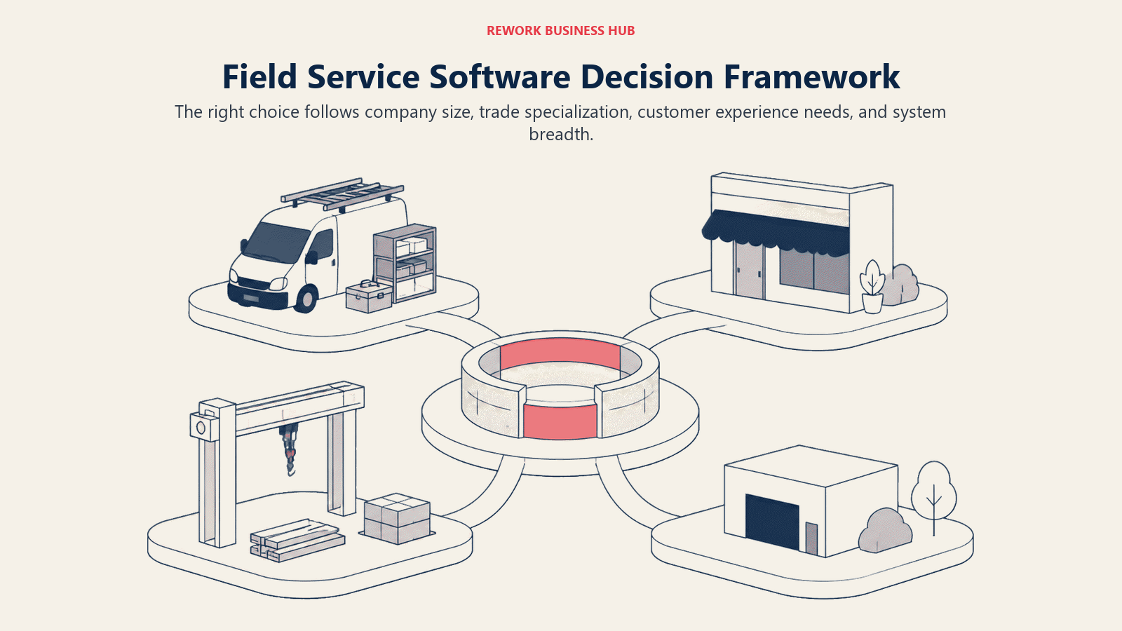 Field Service Software Decision Framework shown as decision routes for trade fit, crew size, dispatch depth, commercial complexity
