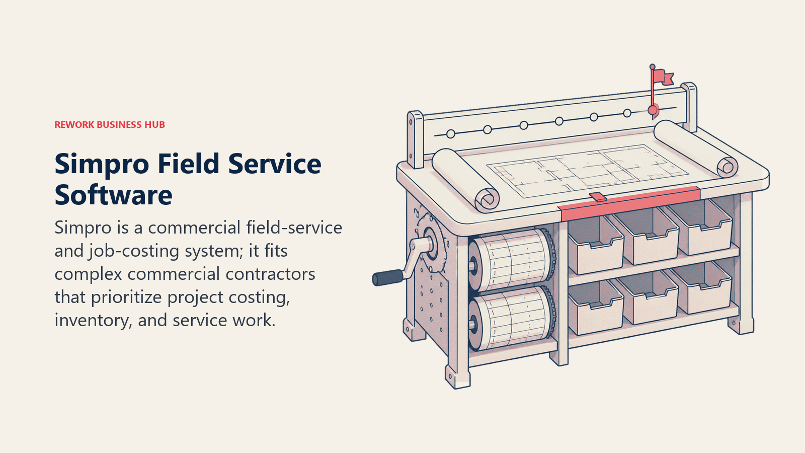 Simpro field service software represented by project costing, inventory, and service work for complex commercial contractors