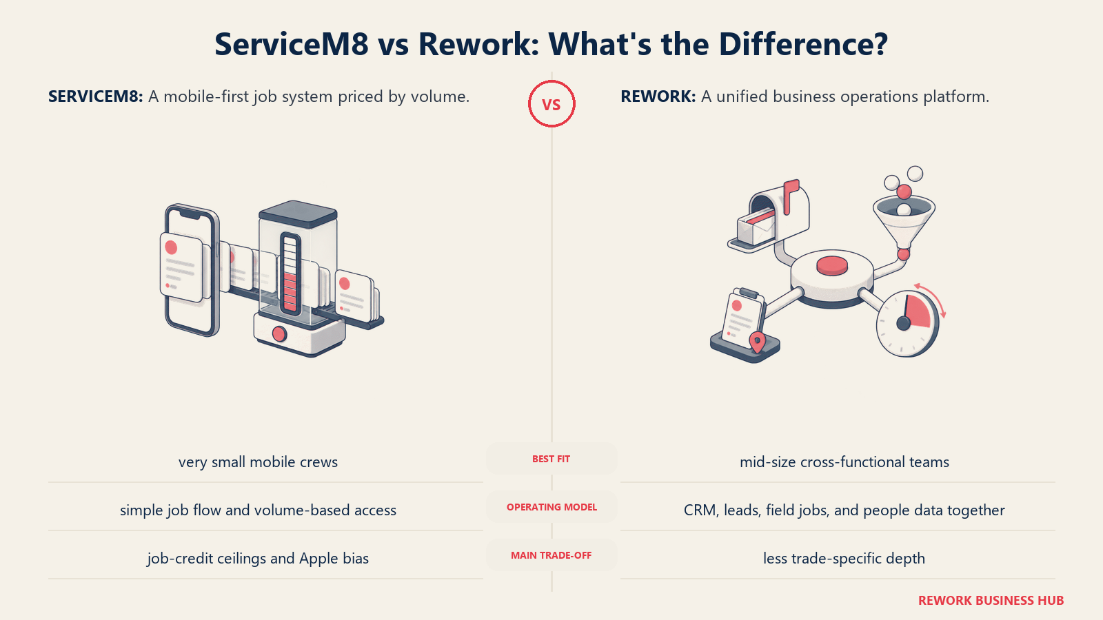 ServiceM8 and Rework compared through matched operating metaphors for which fits better?