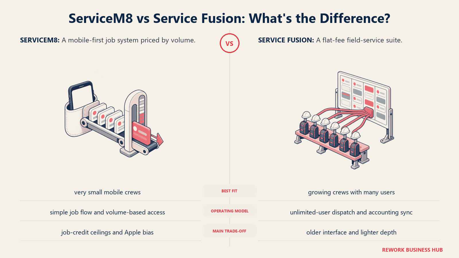 ServiceM8 and Service Fusion compared through matched operating metaphors for which fits better?