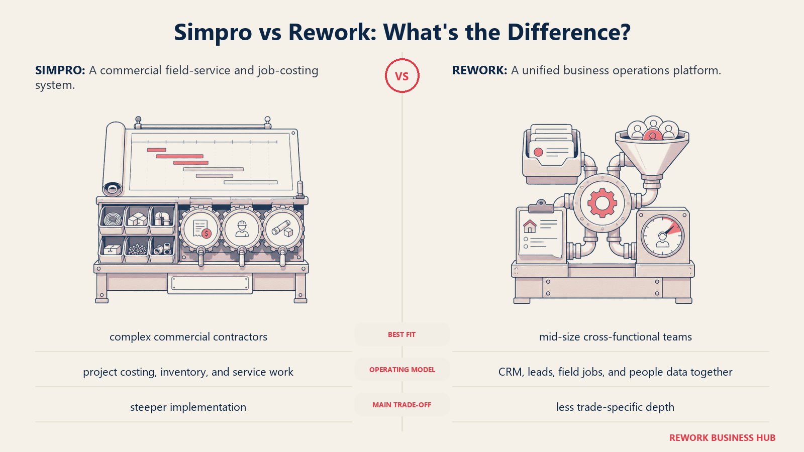 Simpro and Rework compared through matched operating metaphors for which fits better?