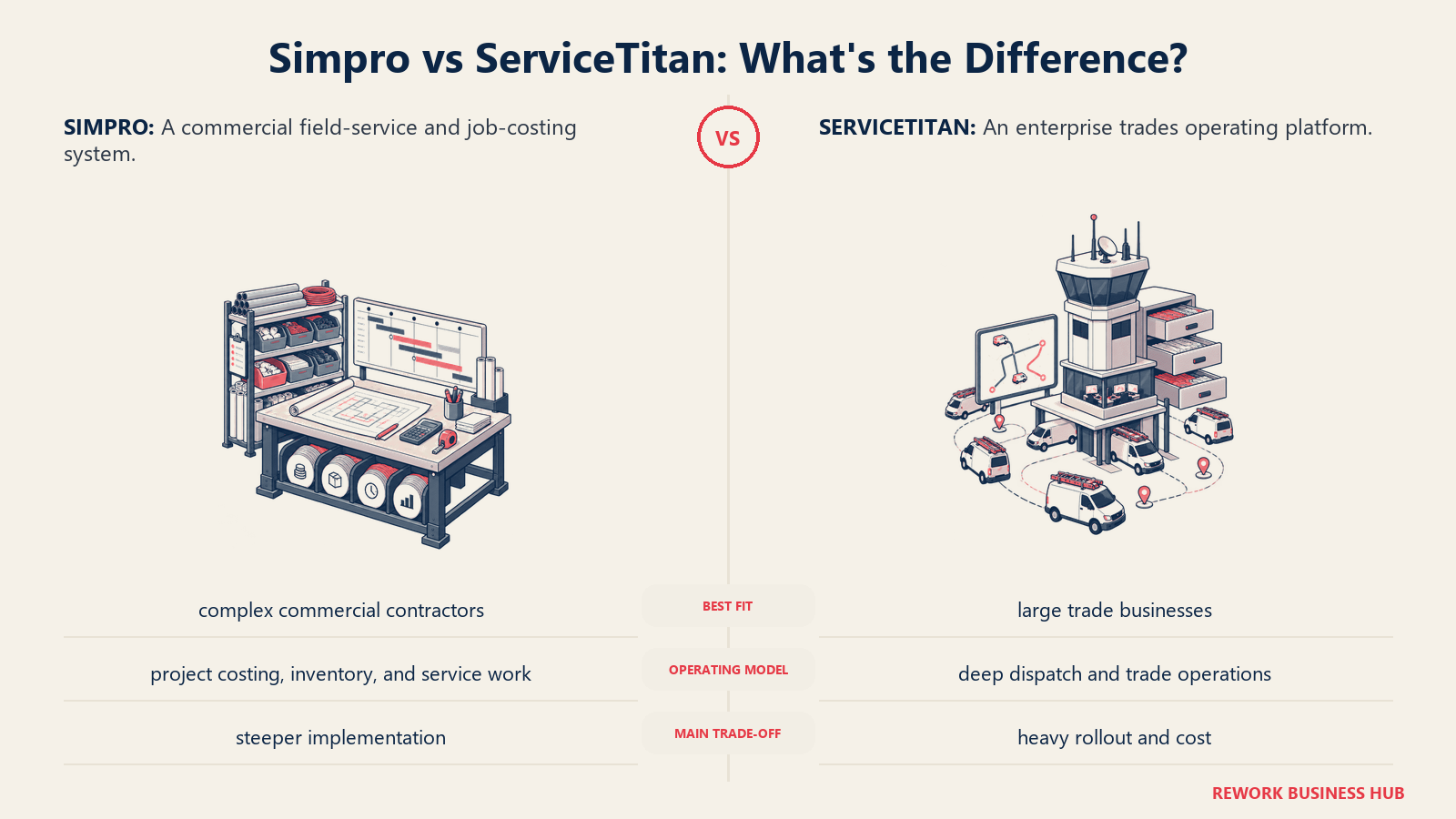 Simpro and ServiceTitan compared through matched operating metaphors for which fits better?