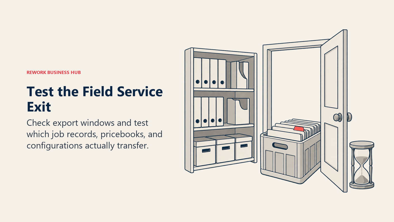 Portable job records leaving a platform while a custom configuration remains behind, beside a time-window hourglass
