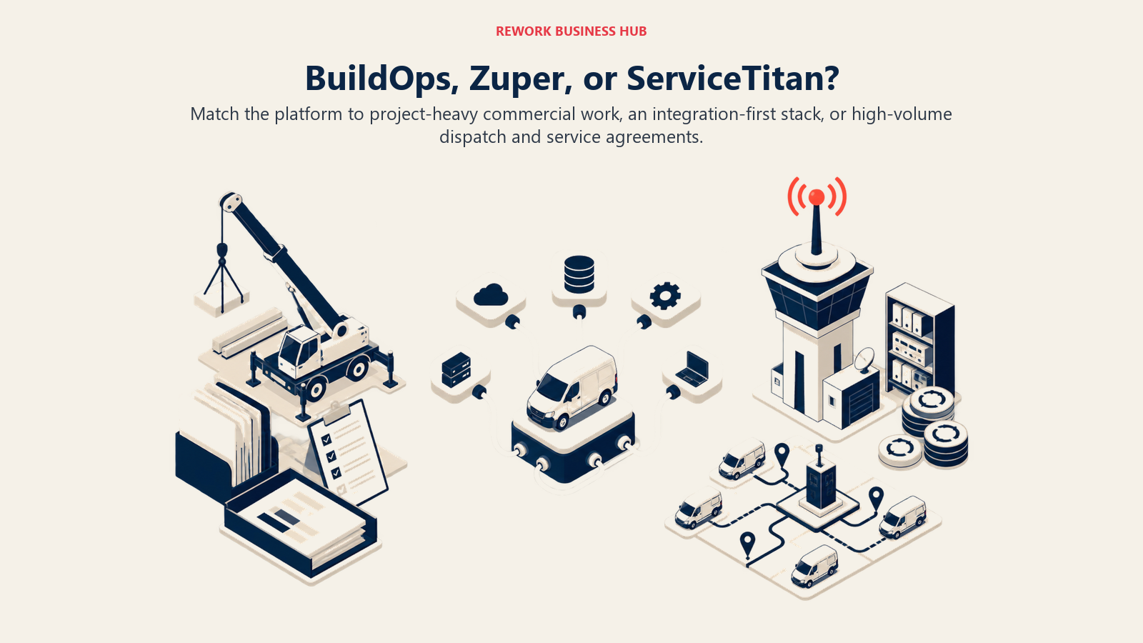 BuildOps, Zuper, and ServiceTitan represented by project-heavy, integration-first, and high-volume dispatch field service operations