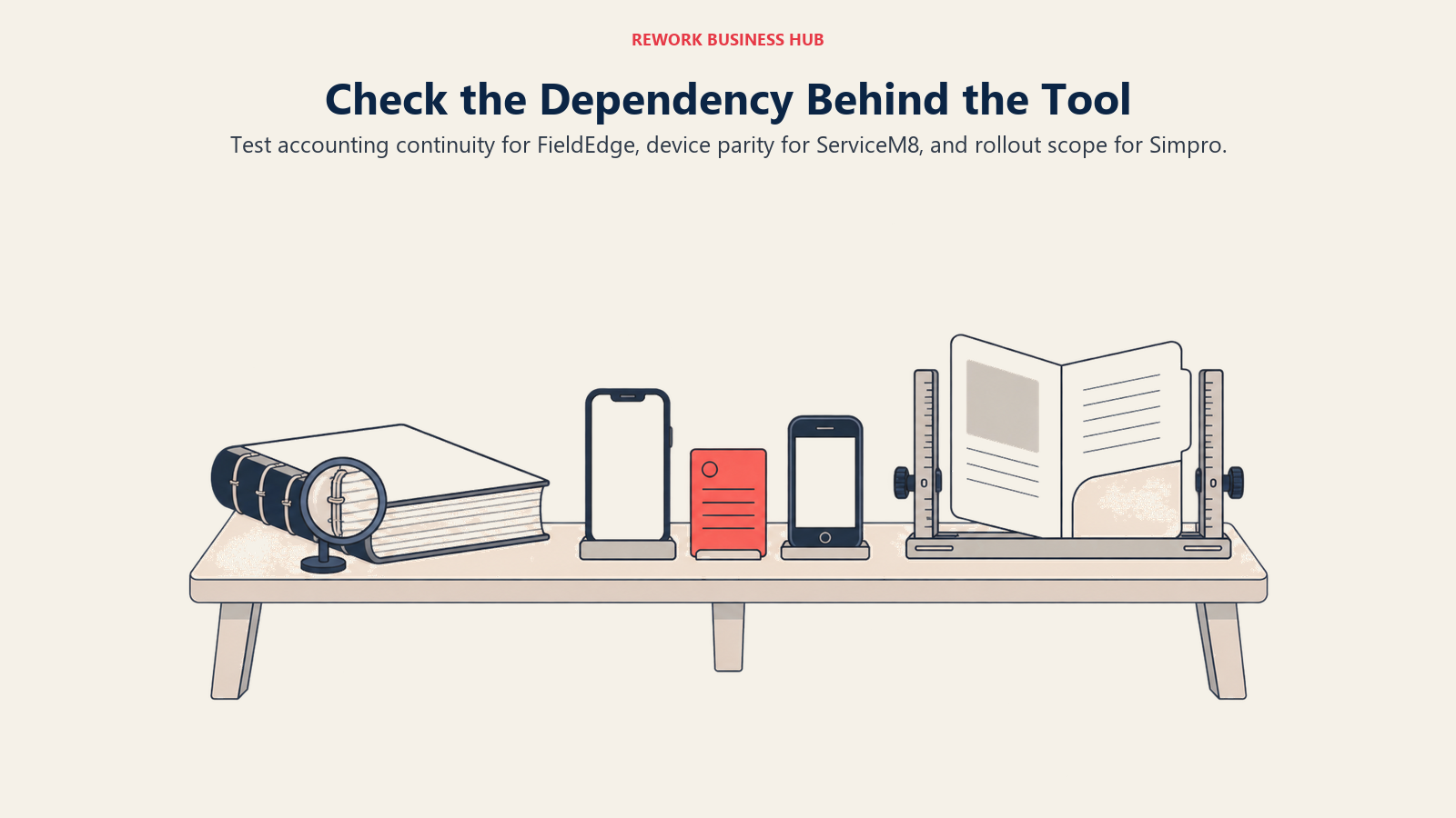 Accounting continuity, mobile device parity, and project rollout scope as three field-service dependency checks