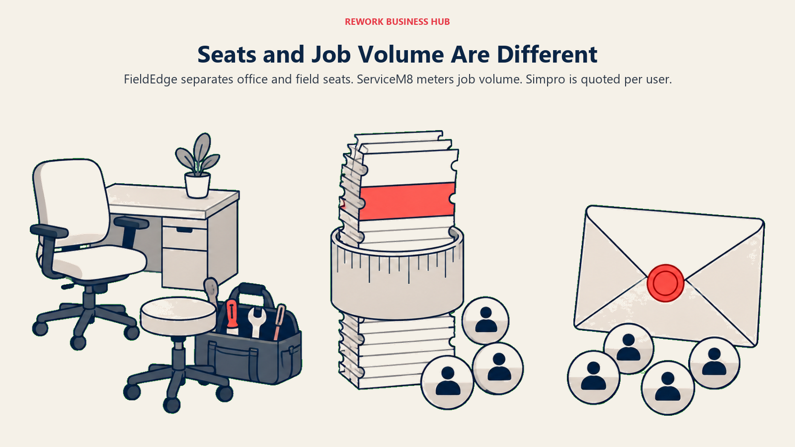 Office-and-field seats, metered job volume, and quoted user seats as distinct field-service billing units