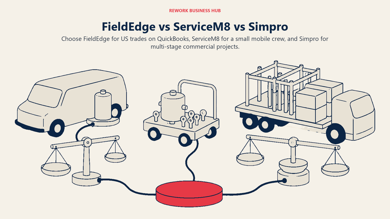FieldEdge, ServiceM8, and Simpro compared as QuickBooks service, small-crew mobile, and commercial project contractor rigs
