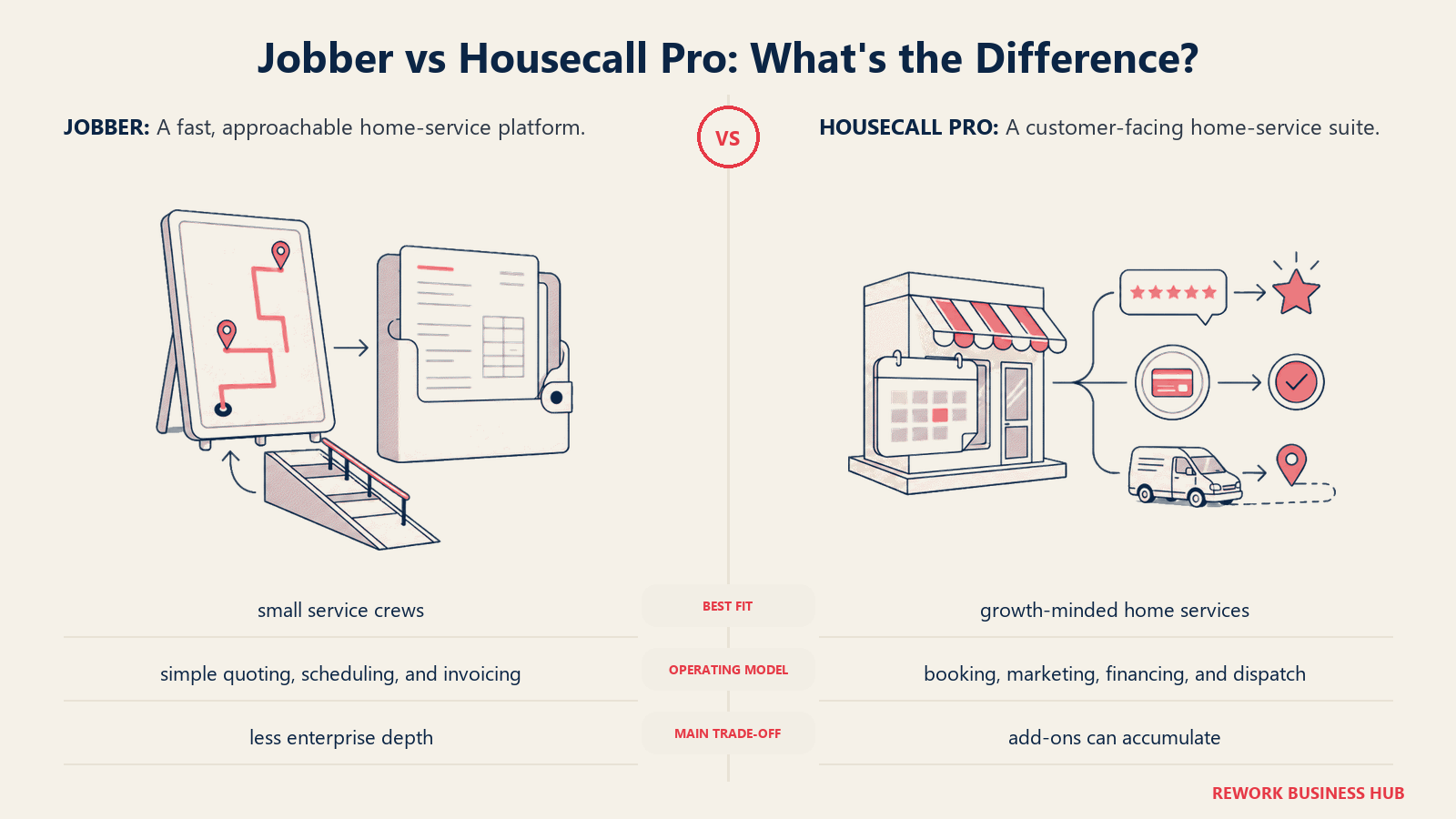Jobber and Housecall Pro compared through matched operating metaphors for decision framework