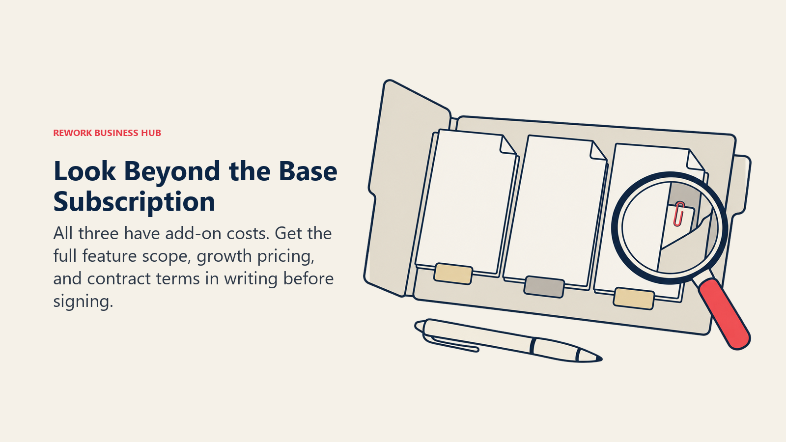 All three have add-on costs. Get the full feature scope, growth pricing, and contract terms in writing before signing.