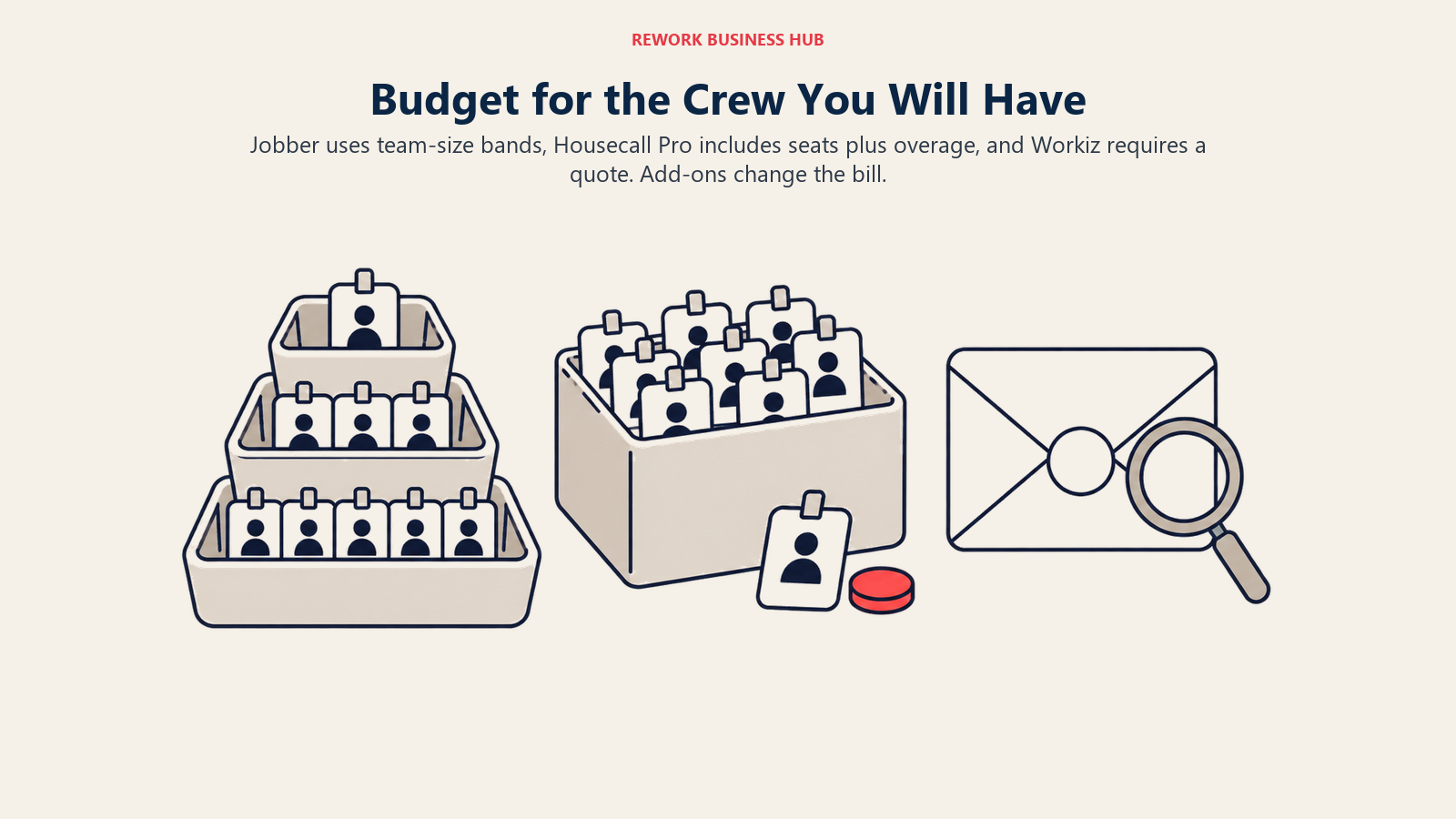 Jobber uses team-size bands, Housecall Pro includes seats plus overage, and Workiz requires a quote. Add-ons change the bill.