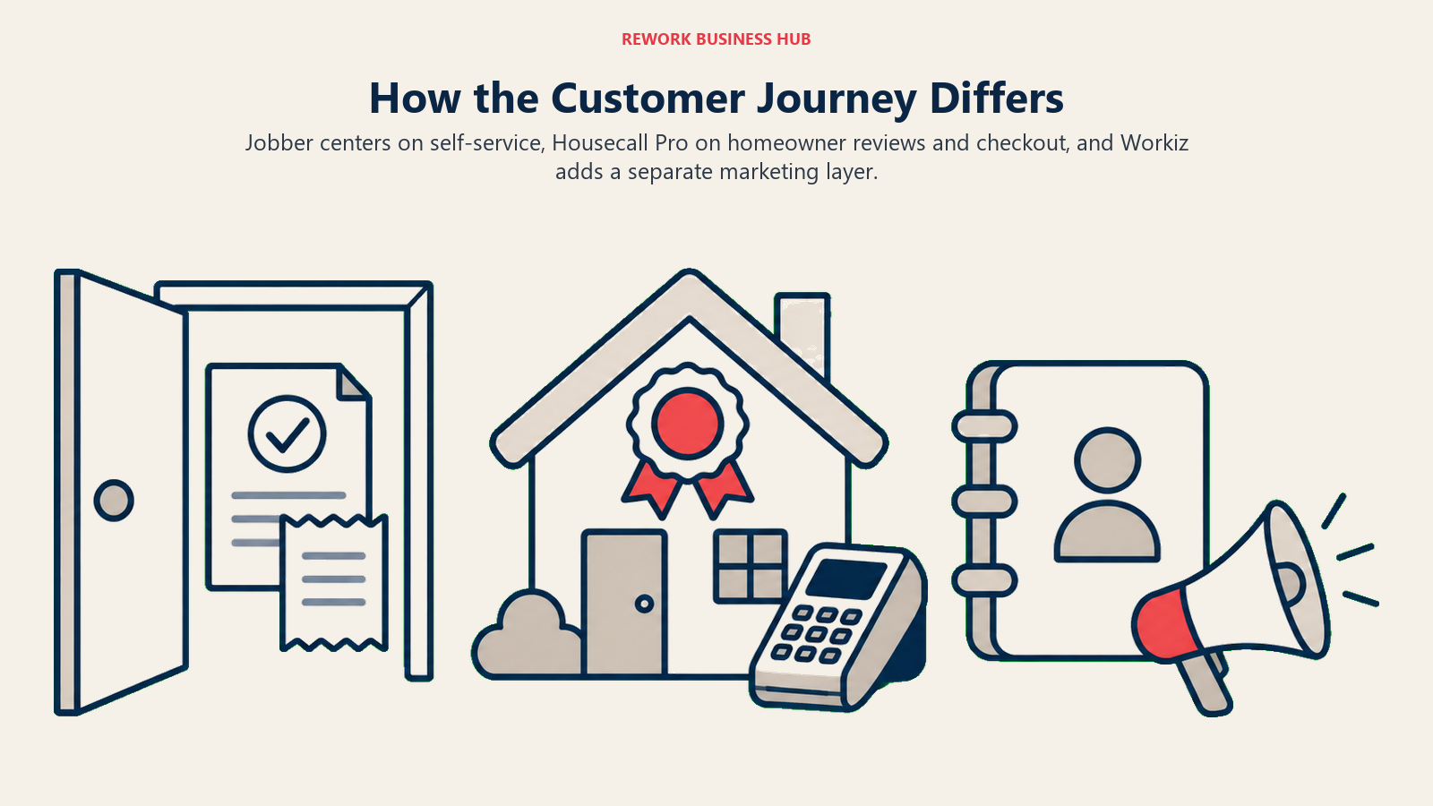 Jobber centers on self-service, Housecall Pro on homeowner reviews and checkout, and Workiz adds a separate marketing layer.