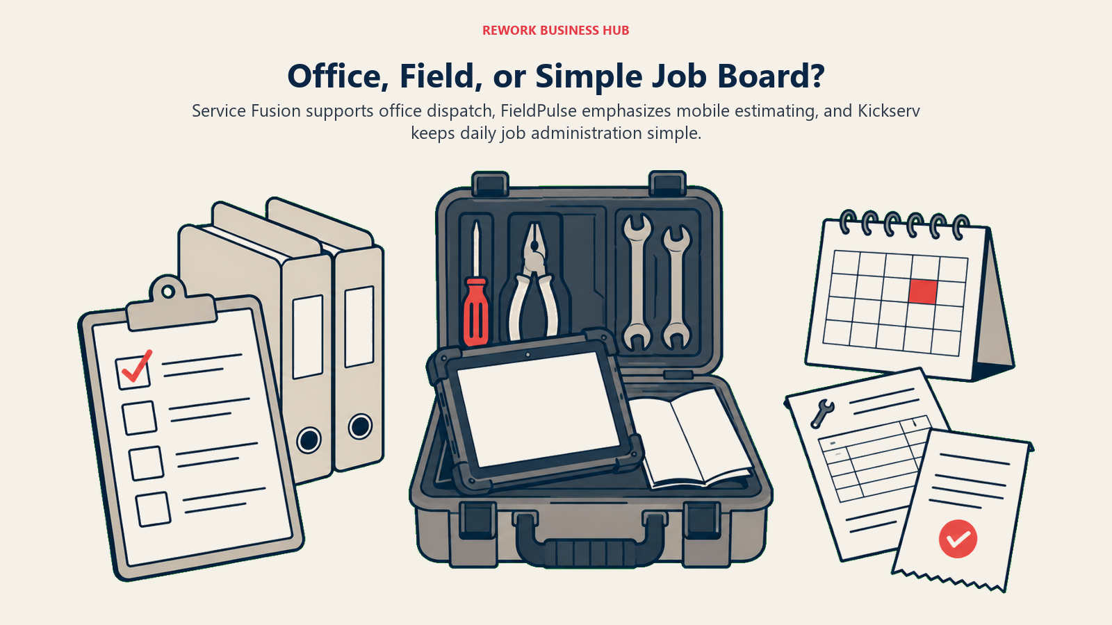 Service Fusion supports office dispatch, FieldPulse emphasizes mobile estimating, and Kickserv keeps daily job administration simple.