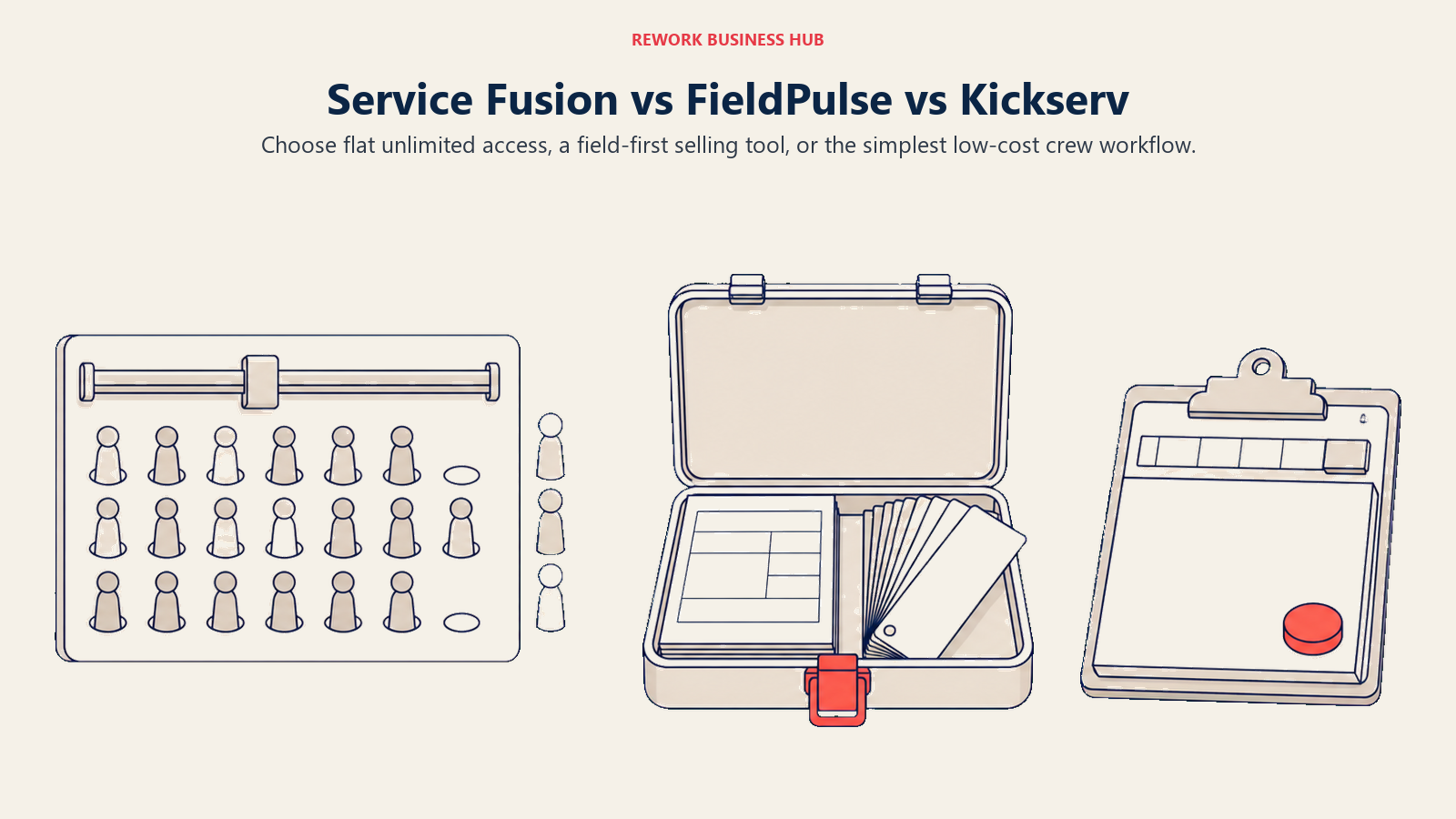 Service Fusion, FieldPulse, and Kickserv shown as an unlimited crew dispatch hub, a mobile price-book case, and a compact scheduling clipboard