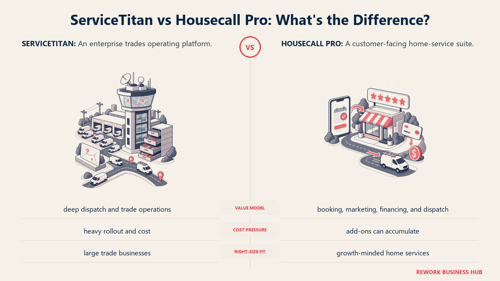 ServiceTitan and Housecall Pro compared through matched operating metaphors for pricing and ownership