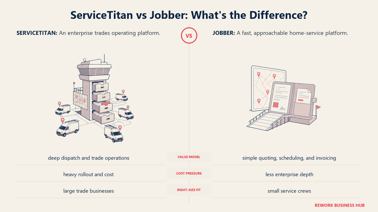 ServiceTitan and Jobber compared through matched operating metaphors for pricing and ownership