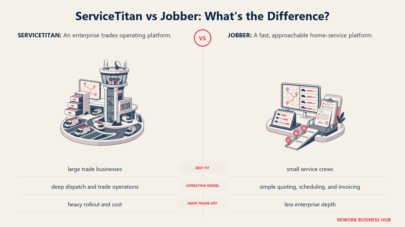 ServiceTitan and Jobber compared through matched operating metaphors for scheduling and dispatch